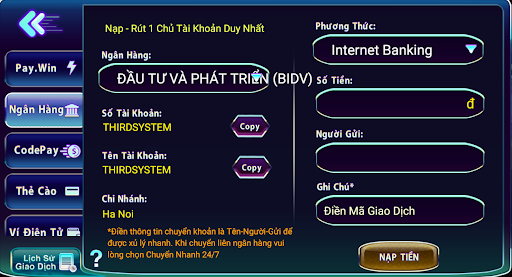 Nạp tiền tại cổng game thông qua tài khoản ngân hàng